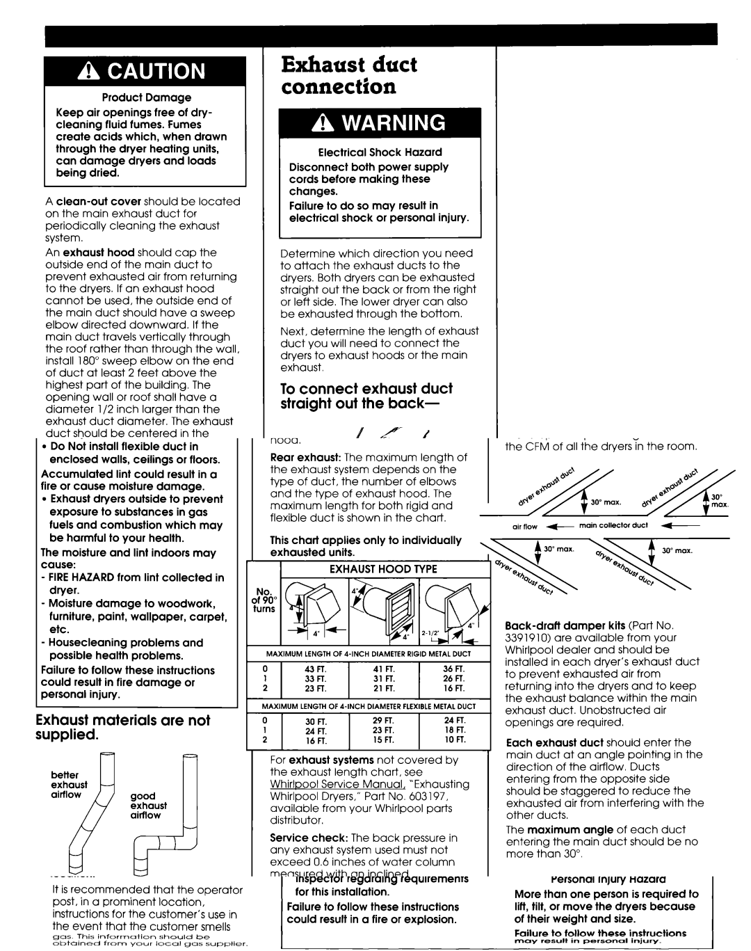 Whirlpool 3395339 manual Exhaust duct connection, To connect exhaust duct straight out the back 