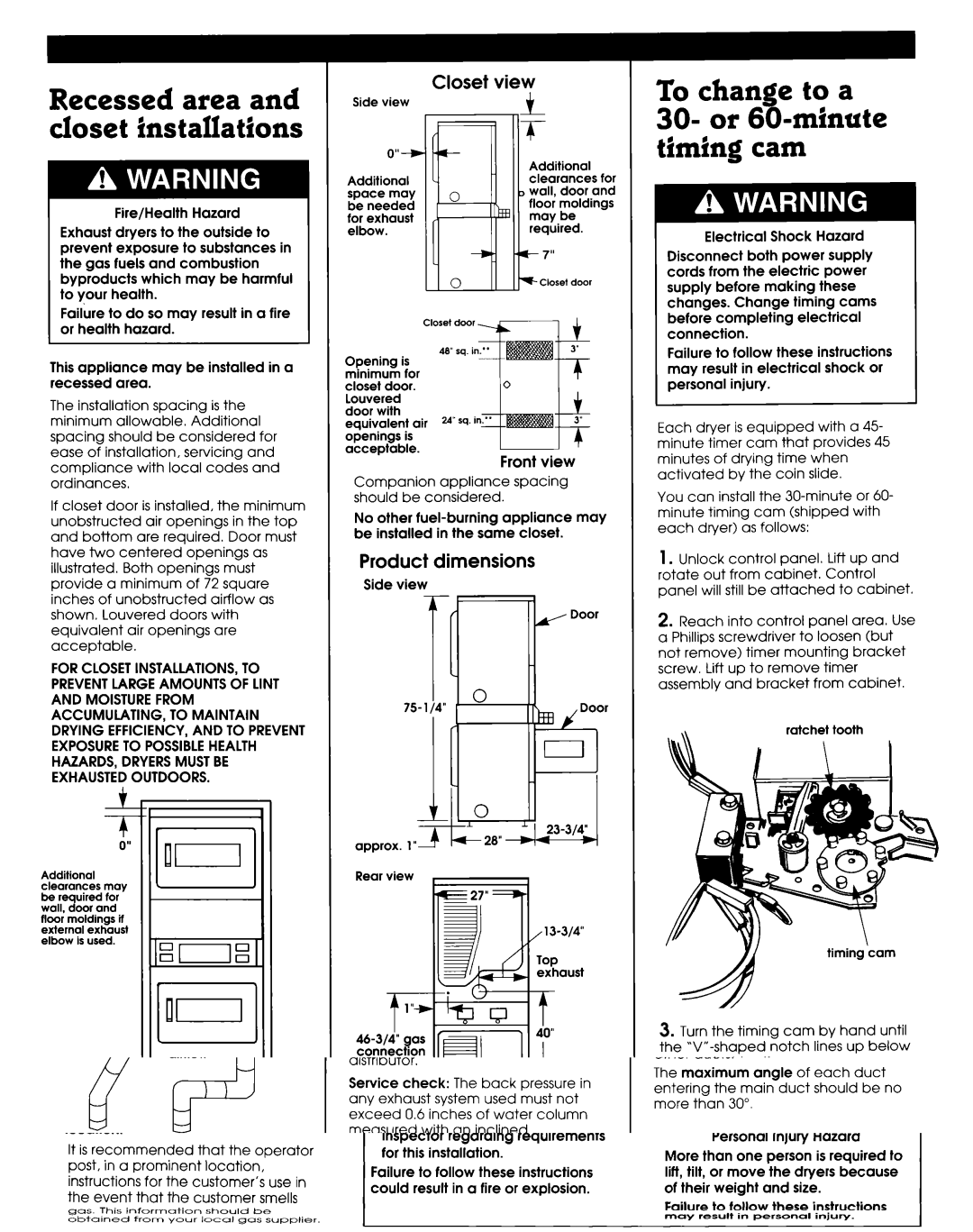 Whirlpool 3395339 manual Recessed area and closet Installations, Closet View, Product dimensions 