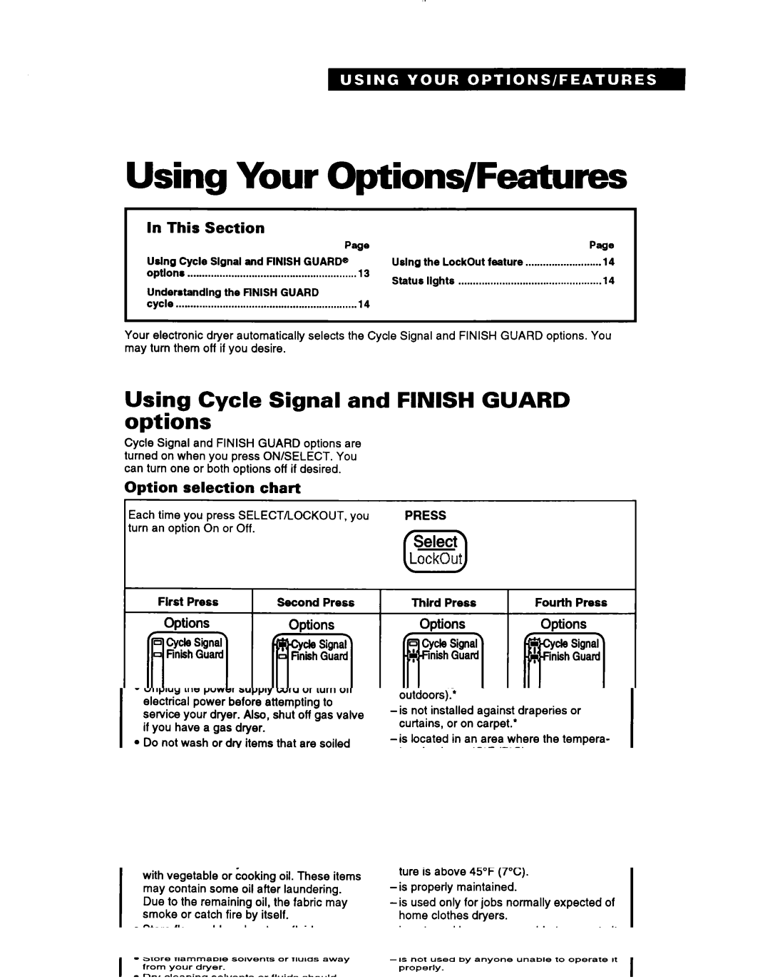 Whirlpool 3396304 warranty Using Your Options/Features, Using Cycle Signal Finish Guard Options, Option Selection Chart 