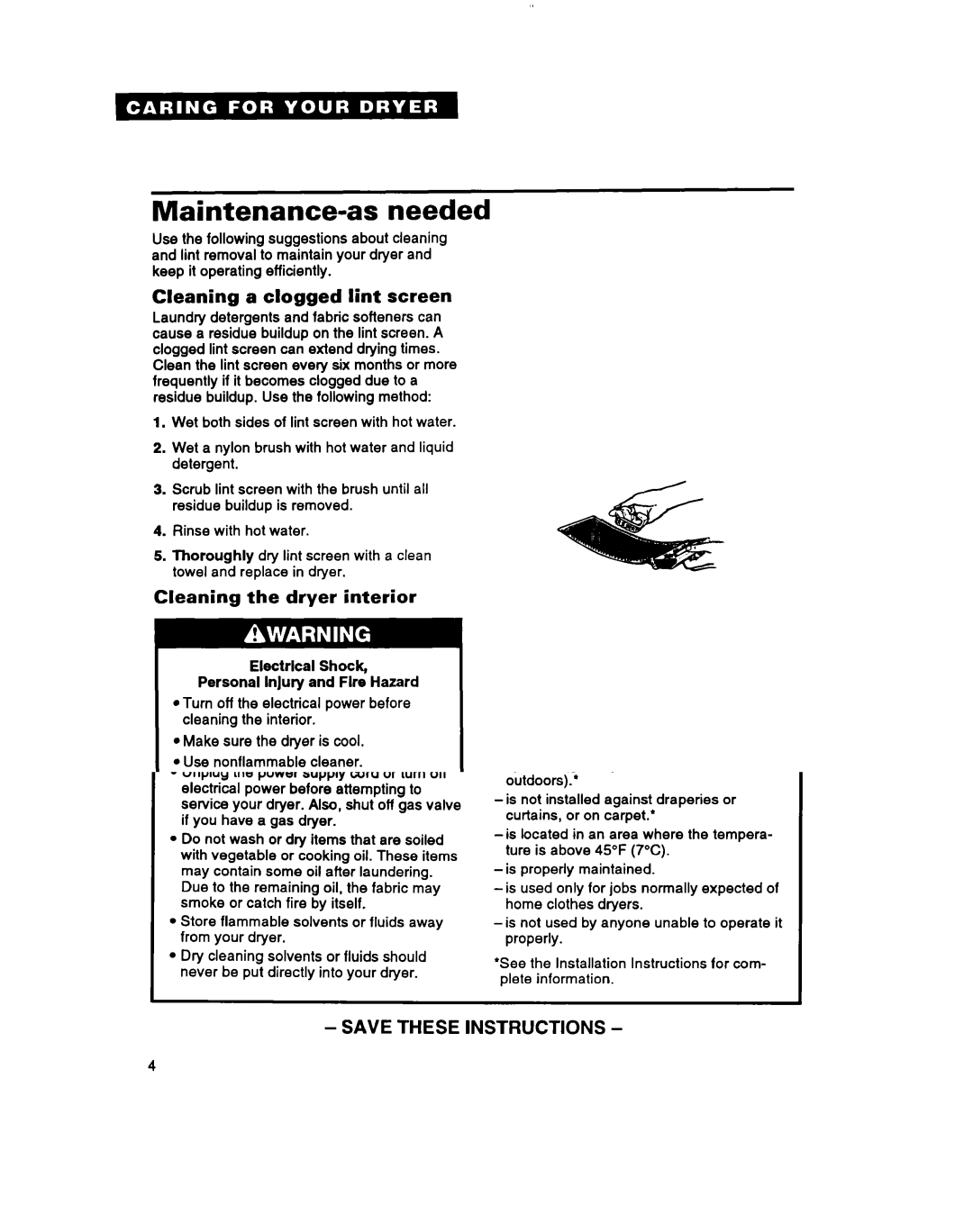 Whirlpool 3396304 warranty Maintenance-as needed, Cleaning a clogged lint screen, Cleaning the dryer interior 