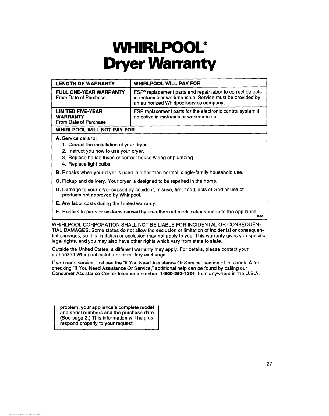 Whirlpool 3396304 warranty Full ONE-YEAR WARRANlY From Date of Purchase, Defective in materials or workmanship 