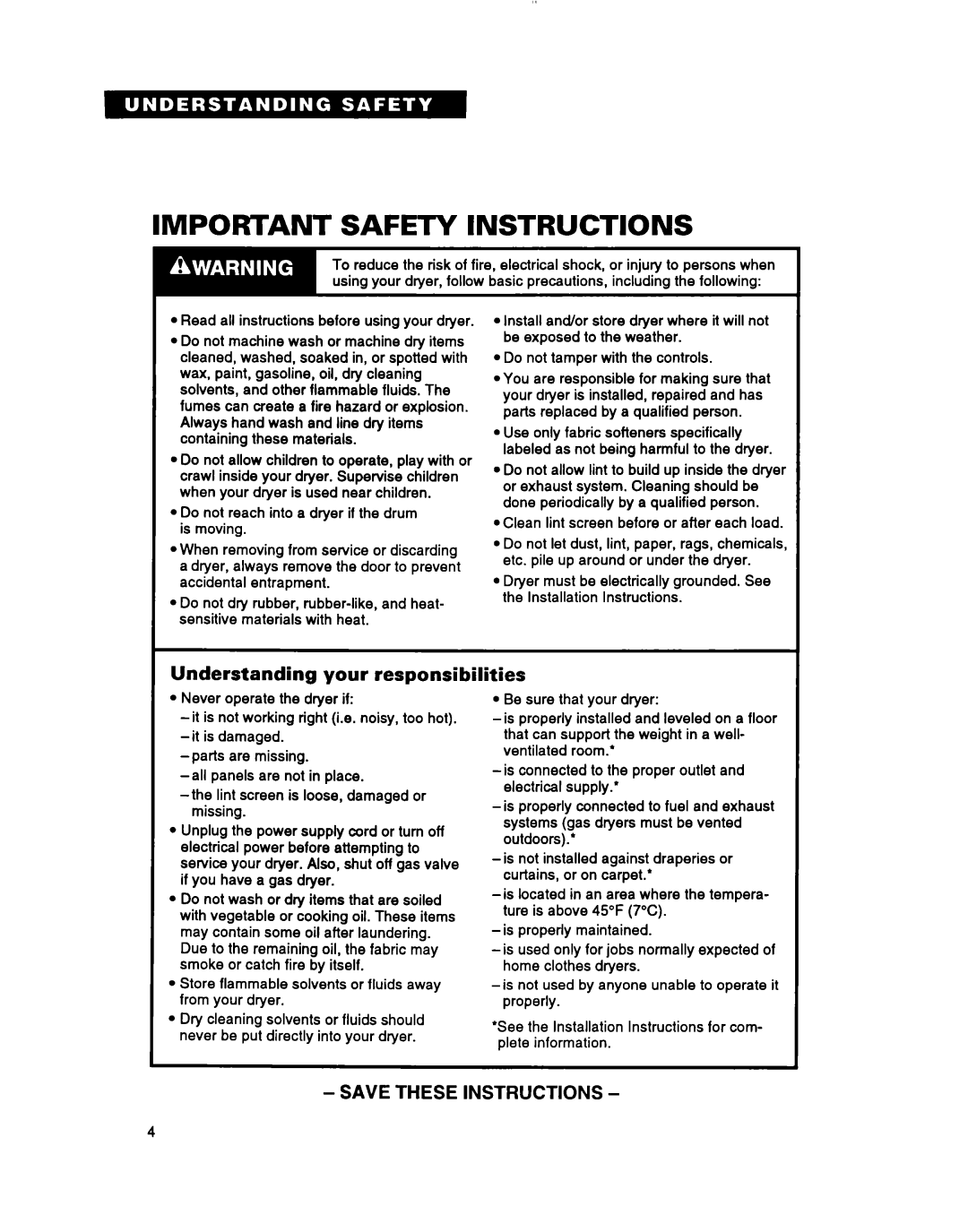 Whirlpool 3396304 warranty Important Safety Instructions, Understanding your responsibilities 