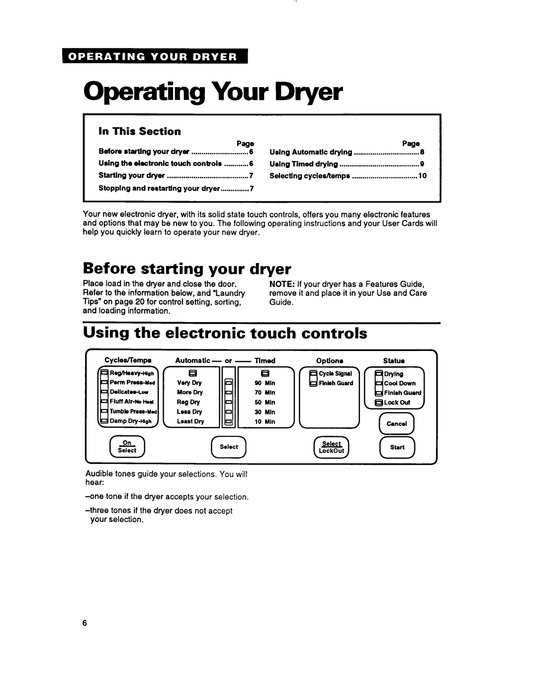 Whirlpool 3396304 warranty Before starting your dryer, Using the electronic touch controls, This Section 