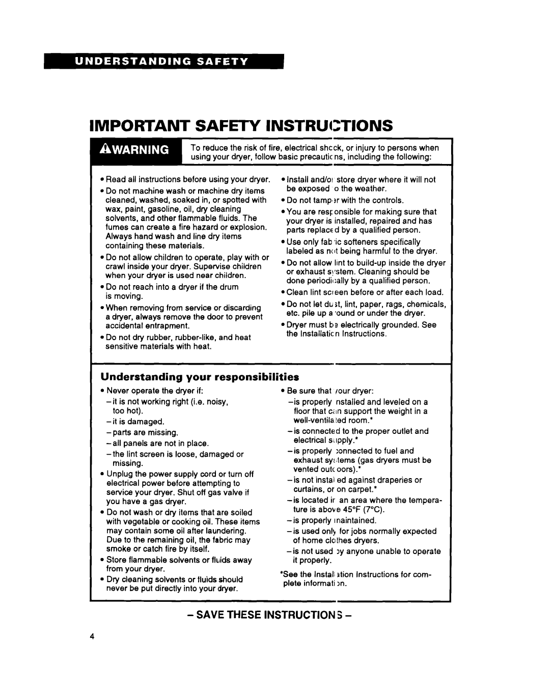 Whirlpool 3396311 manual Important Safety Instructions, Understanding your responsibilities 