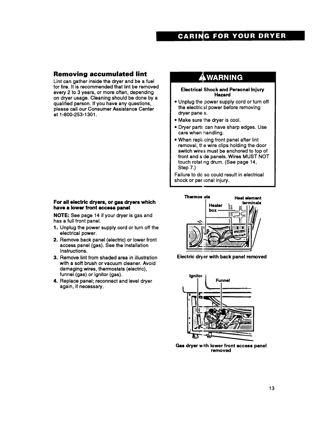 Whirlpool 3396311 manual Removing accumulated lint 