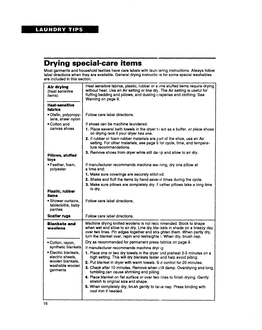Whirlpool 3396311 manual Drying special-care items 