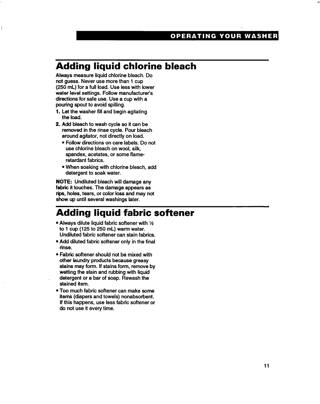 Whirlpool 3396314 warranty Adding liquid chlorine bleach, Adding liquid fabric softener 