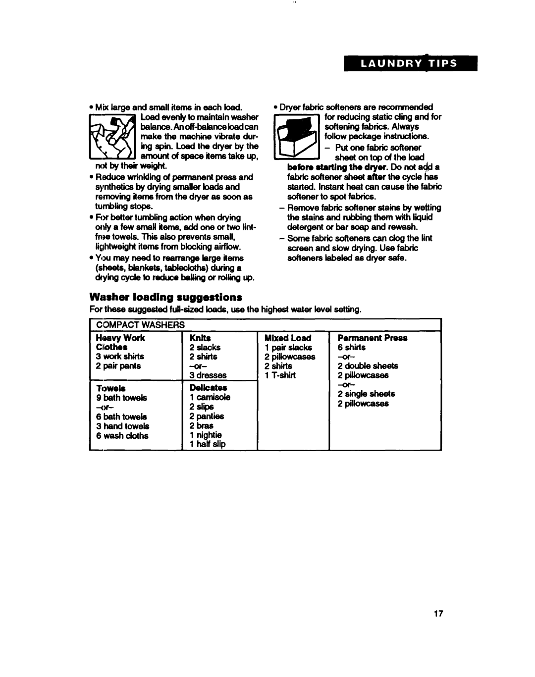 Whirlpool 3396314 warranty Washer loading suggestions, Sheets, blankets, tabdoths during a, Compact Washers 