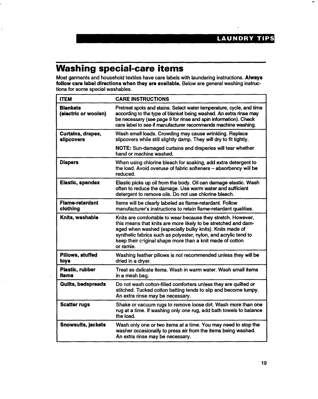 Whirlpool 3396314 warranty Washing special-care items, Care Instructions 