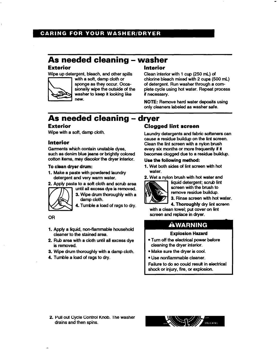 Whirlpool 3396314 warranty As needed cleaning washer, As needed cleaning dryer, Exterior, Interior, Clogged lint screen 