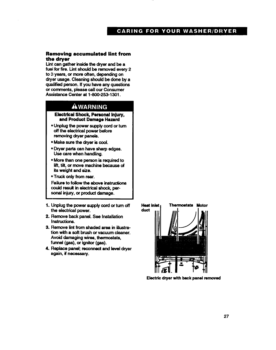 Whirlpool 3396314 warranty Removing accumulated lint from tha dryer, Sonal injury, or product damage 