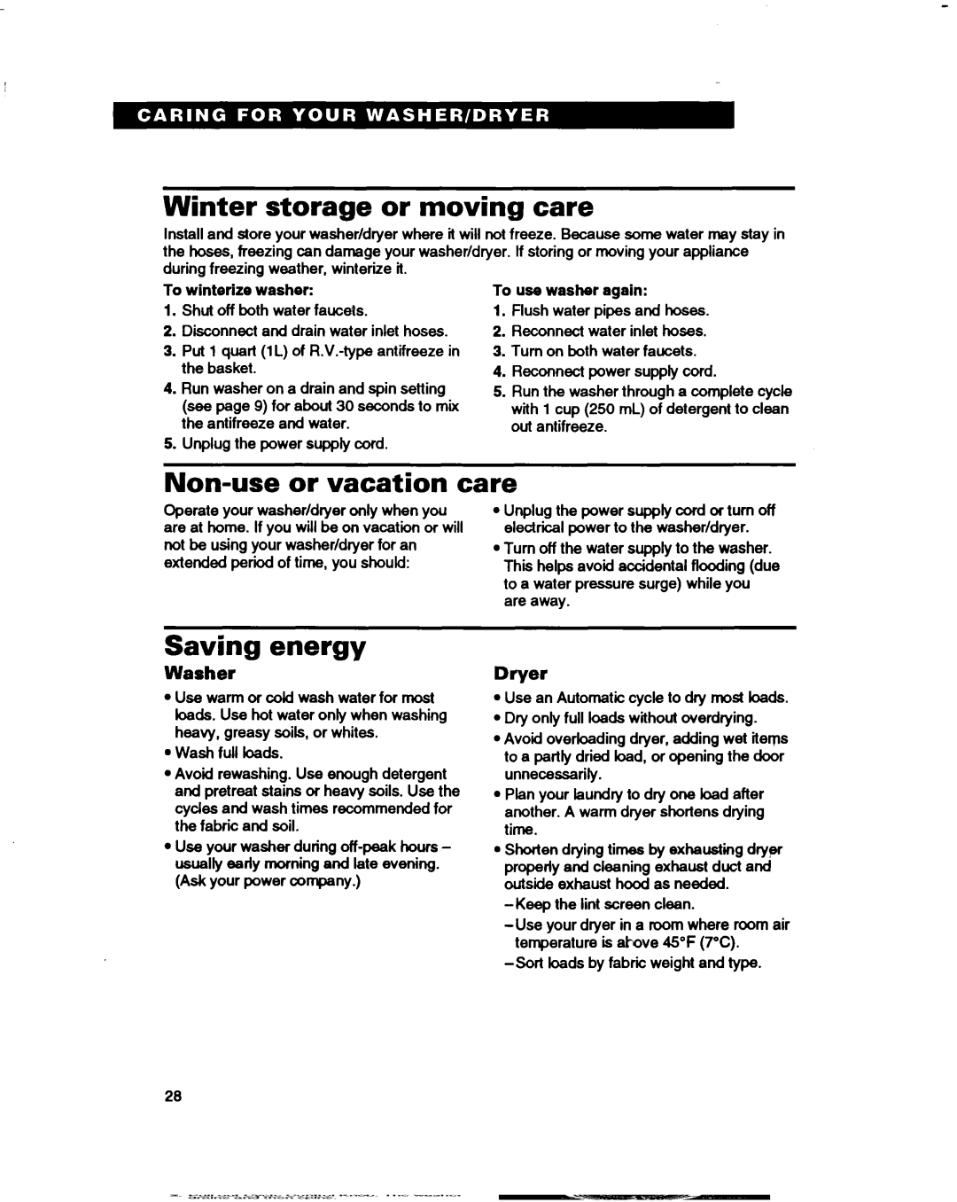 Whirlpool 3396314 warranty Winter storage or moving care, Non-use or vacation care, Saving energy, Washer, Dryer 