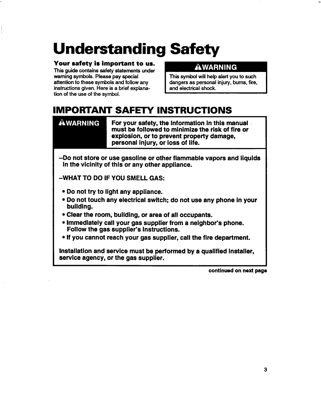 Whirlpool 3396314 warranty Understanding Safety, Your safety is important to us, On next 