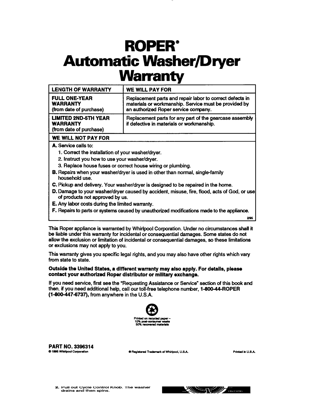 Whirlpool 3396314 warranty Automatic Washer/Dryer Warranty, Full ONE-YEAR Warranty 