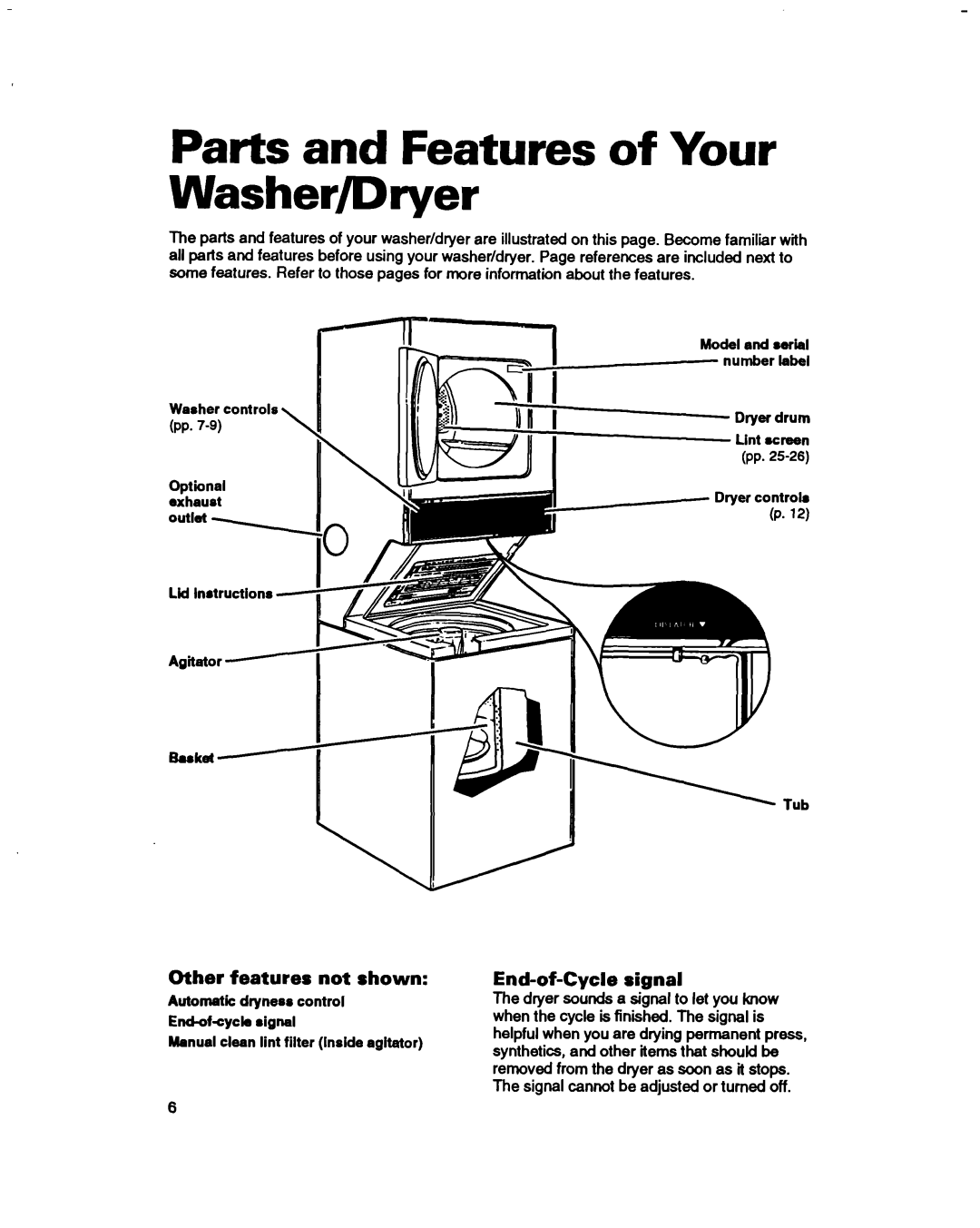 Whirlpool 3396314 warranty Parts and Features of Your Washer/Dryer, Other features not shown, End-of-Cycle signal 