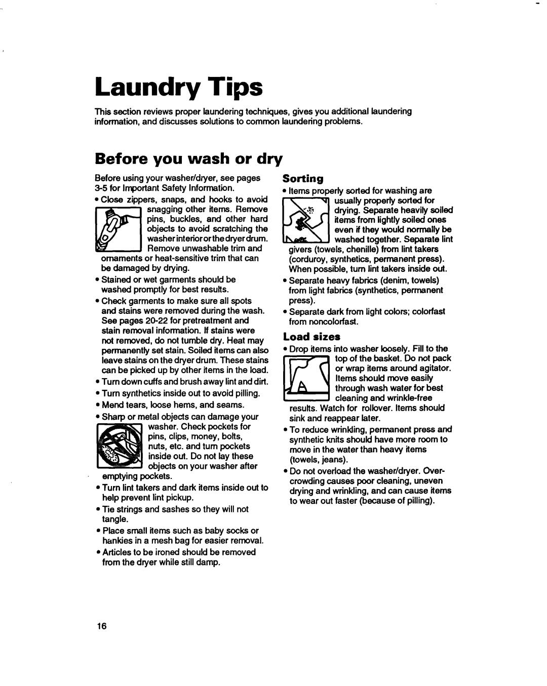 Whirlpool 3396314 warranty Laundry Tips, Before you wash or dry, Sorting, Load sizes 