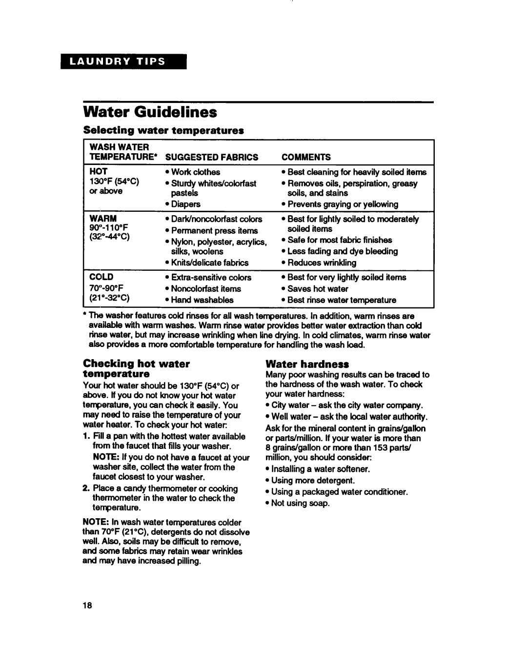 Whirlpool 3396314 warranty Water Guidelines, Selectlng water temperatures, Checking hot water temperature, Water hardness 