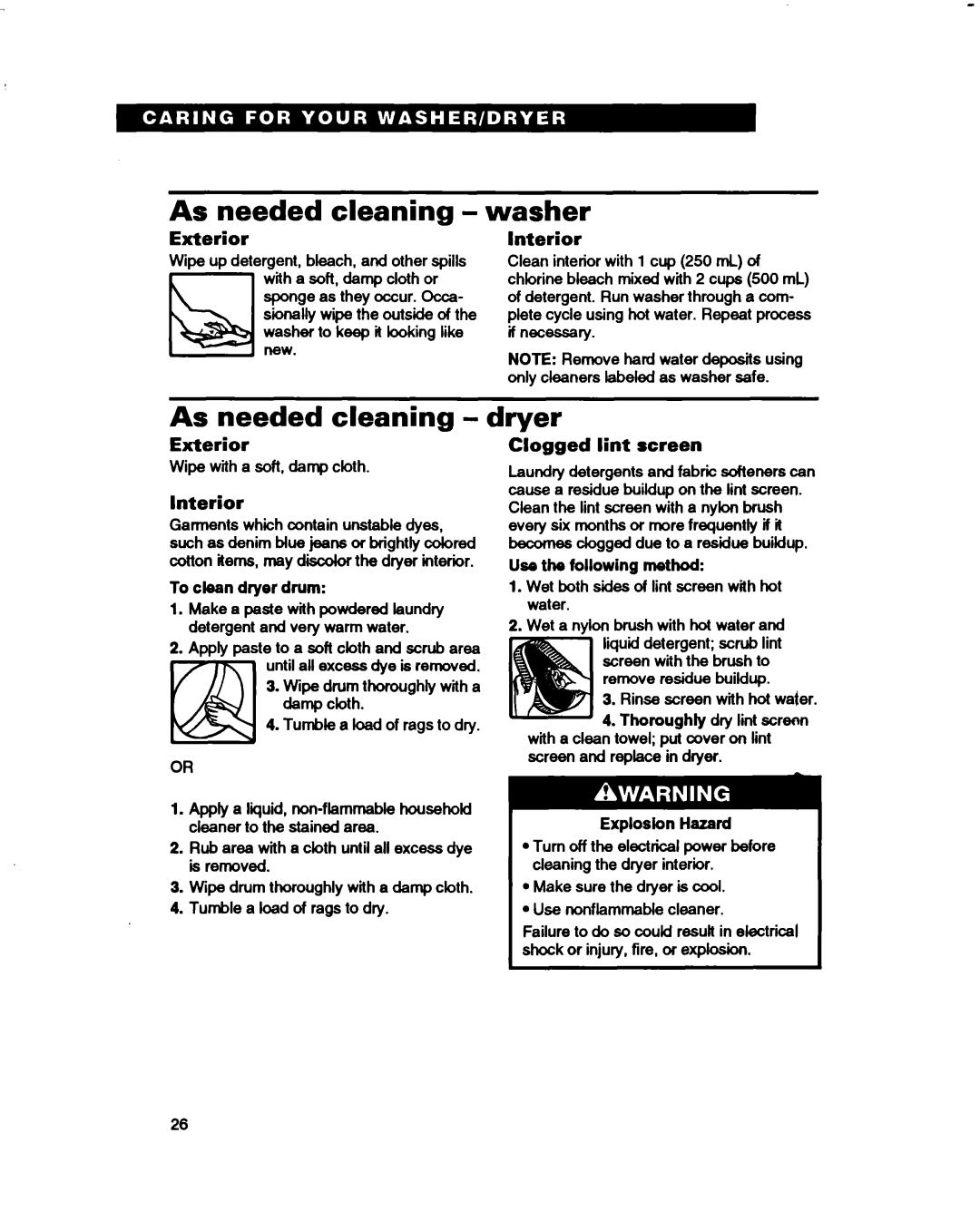 Whirlpool 3396314 warranty As needed cleaning - washer, As needed cleaning - dryer, Exterior, Interior, Clogged lint screen 