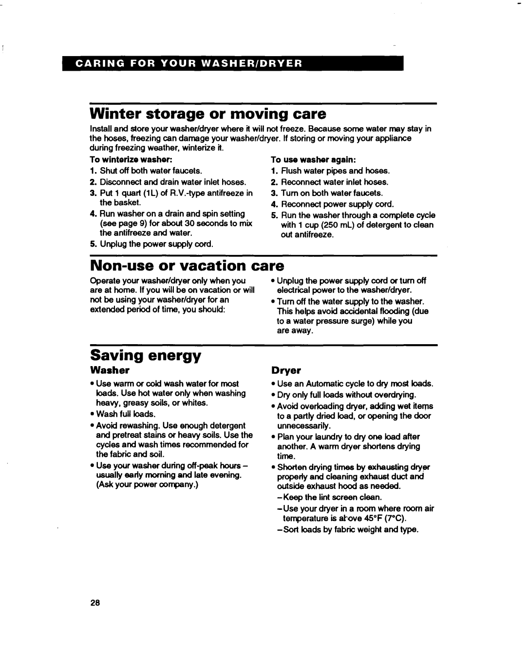Whirlpool 3396314 warranty Winter storage or moving care, Non-use or vacation care, Saving energy, Washer, Dryer 