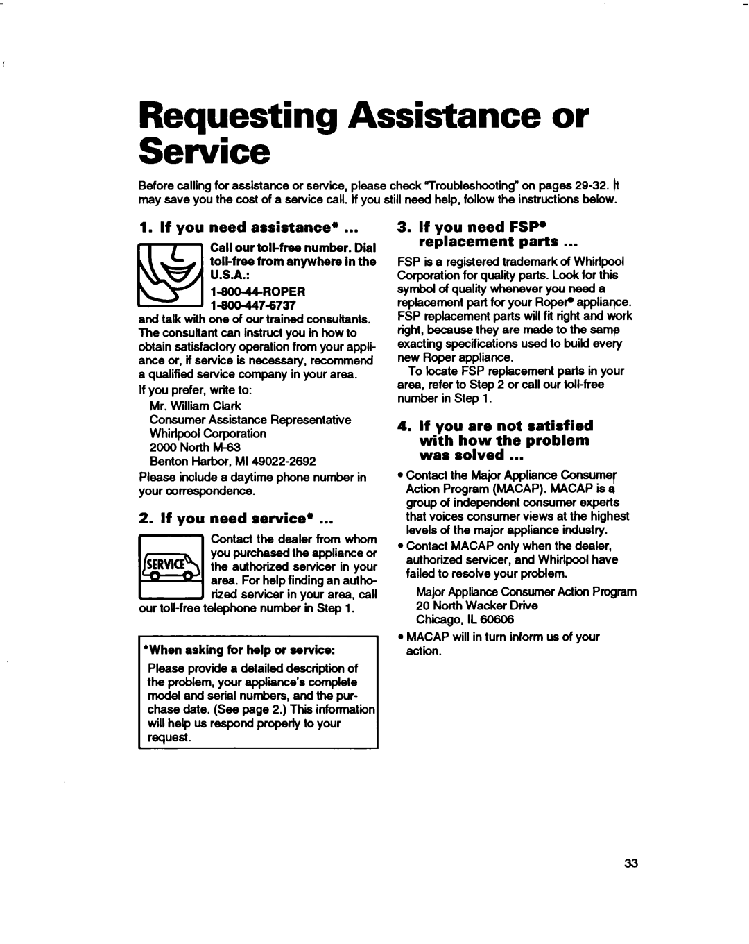Whirlpool 3396314 warranty Reauestina Assistance or, Service w, If you need assistance, If you need service, U.S.A 