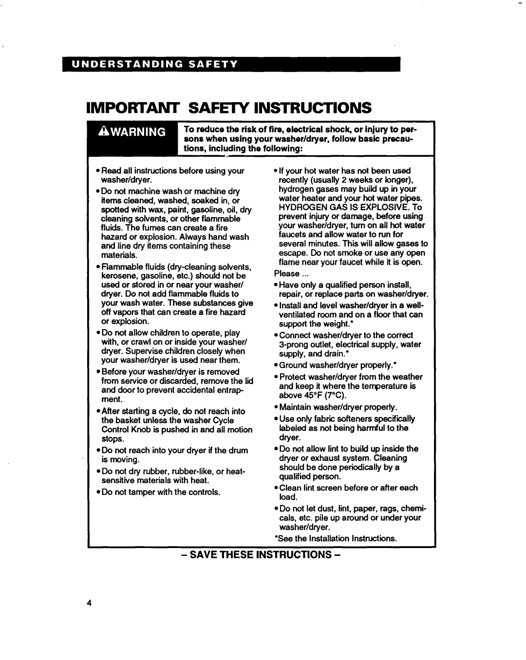 Whirlpool 3396314 warranty Impofwant Safei-Y Instructions, Save These Instructions 