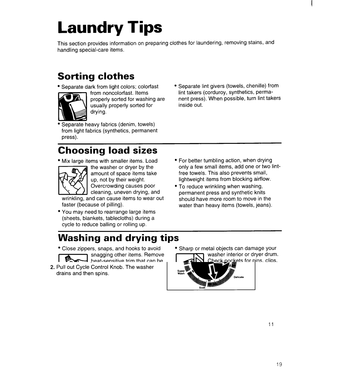 Whirlpool 3396315 manual Laundry, Clothes, Choosing load sizes, Washing and drying tips 