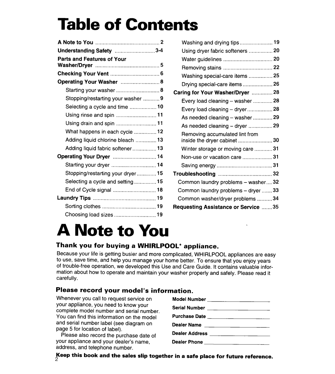 Whirlpool 3396315 manual Table of Contents 