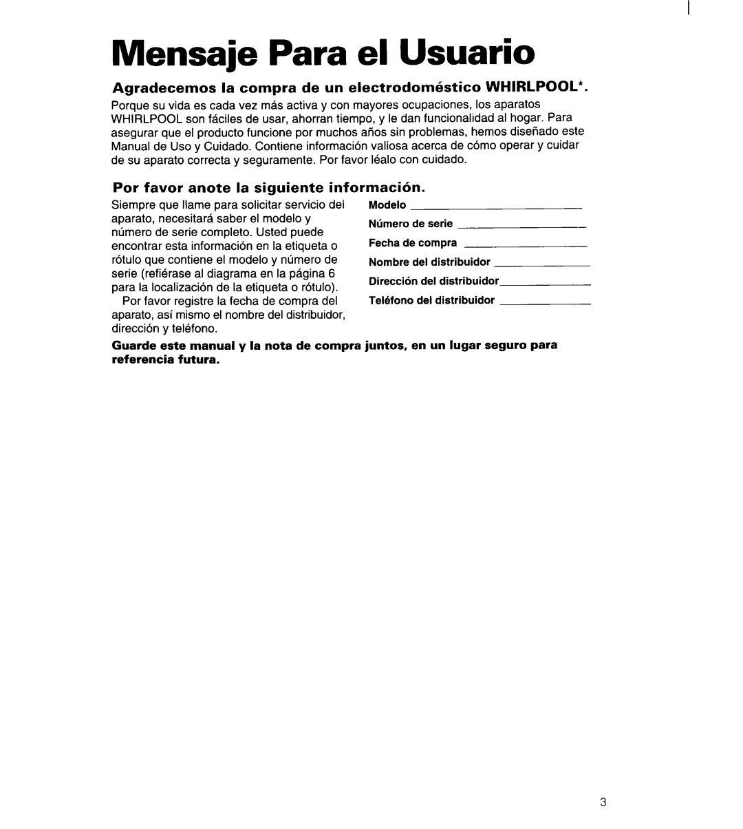 Whirlpool 3396315 manual Mensaje Para el Usuario, Agradecemos la compra de un electrodomkstico Whirlpool 