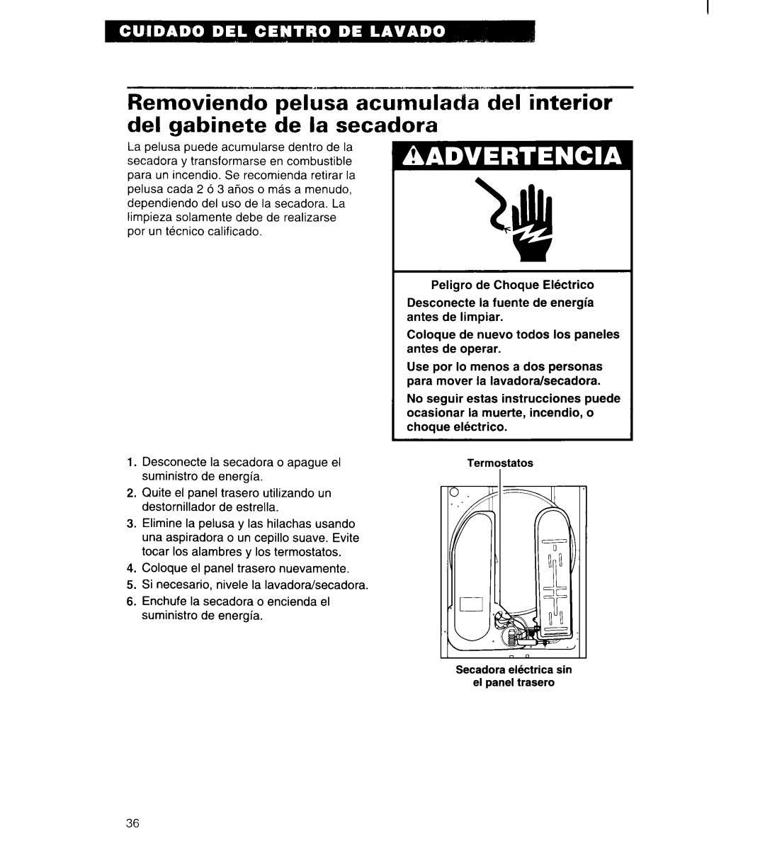 Whirlpool 3396315 manual Termostatos Secadora elktrica sin el panel trasero 