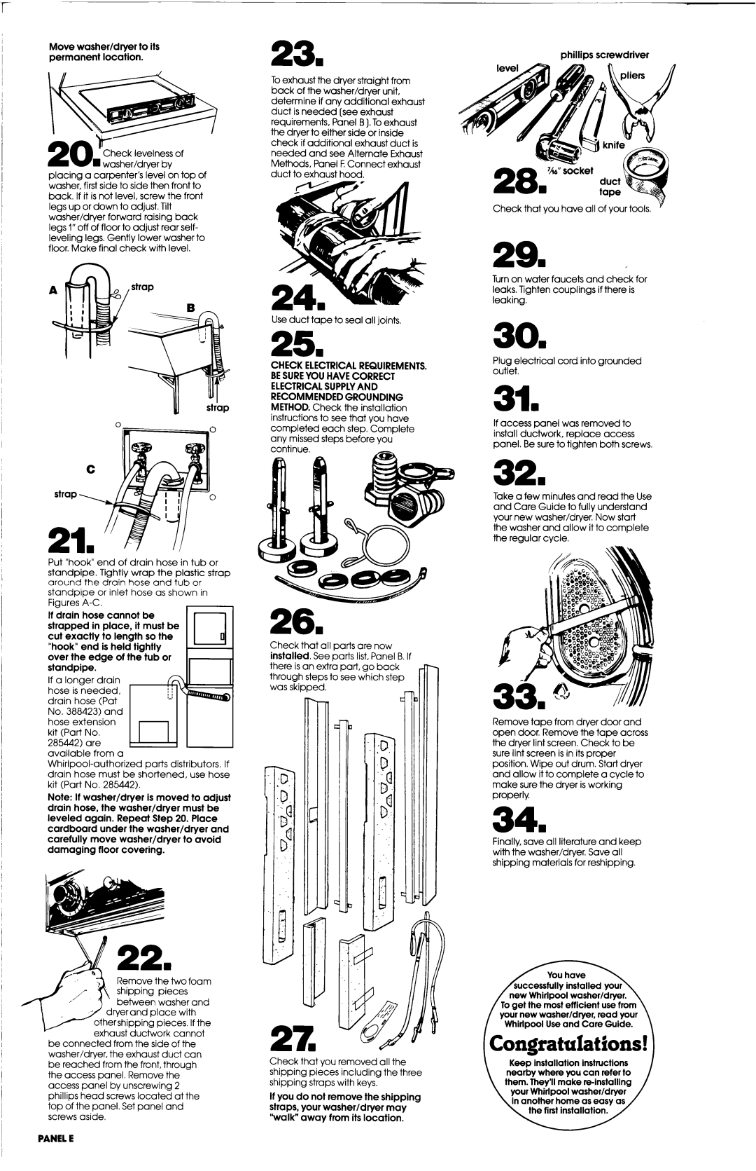 Whirlpool 3397512 1Congratulations, Move washer/dryer to its permanent location, Panele, Phillips screwdriver 