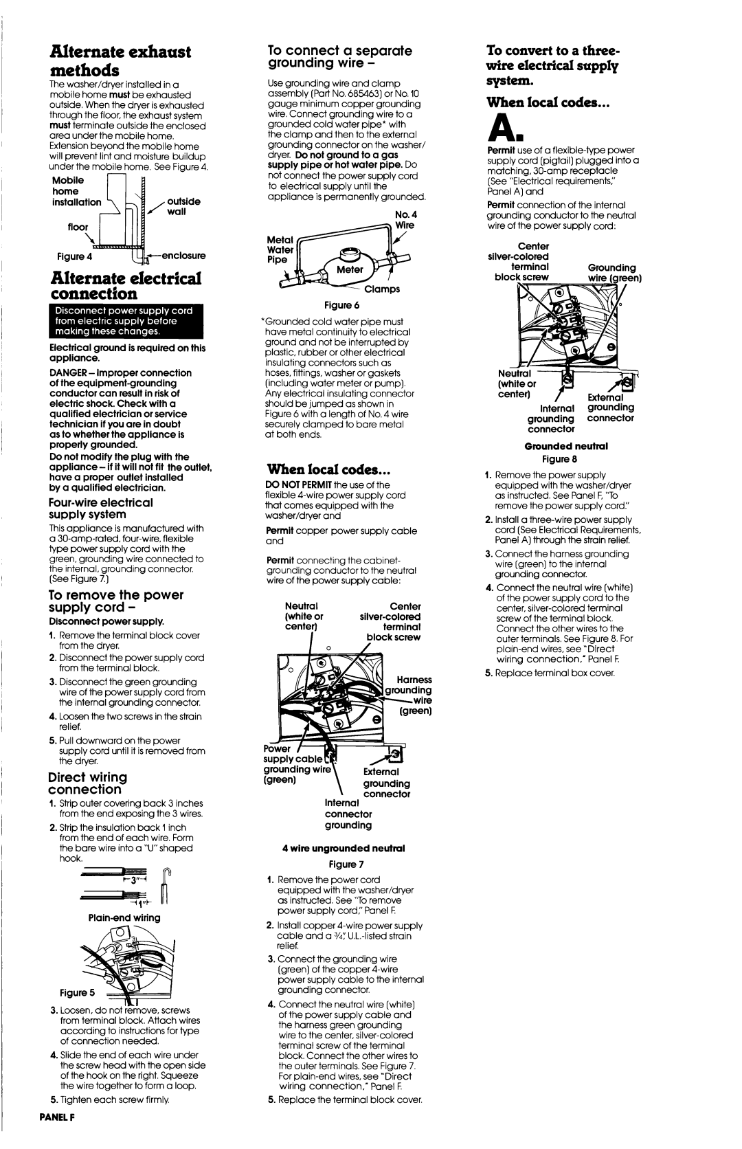 Whirlpool 3397512 installation instructions To remove the power supply cord, Direct wiring connection, Panelf 