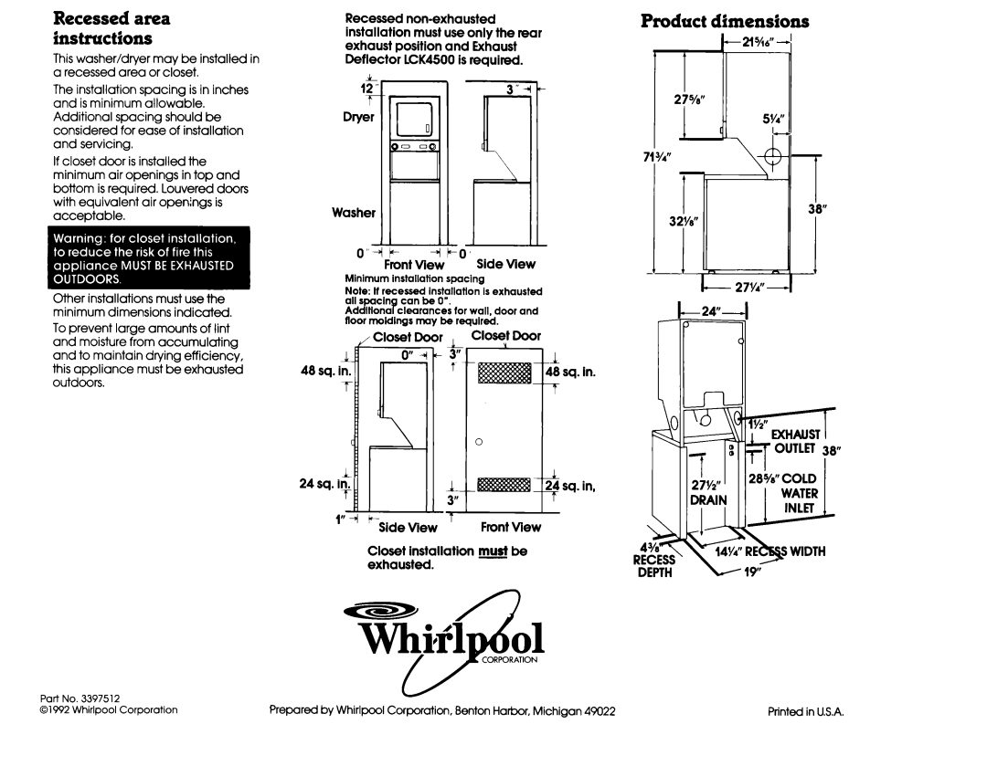 Whirlpool 3397512 installation instructions Recessed area fnstructions, Product dimensions 