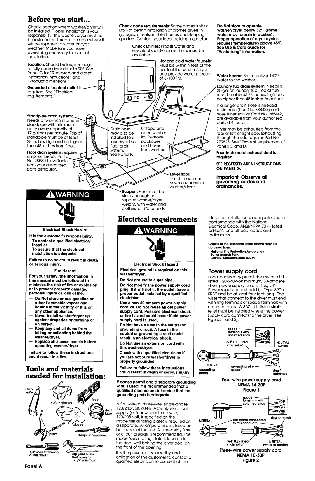 Whirlpool 3397612 Before you start, Important Observe all governing codes and ordinances, Panel a, Nema 14-30P 