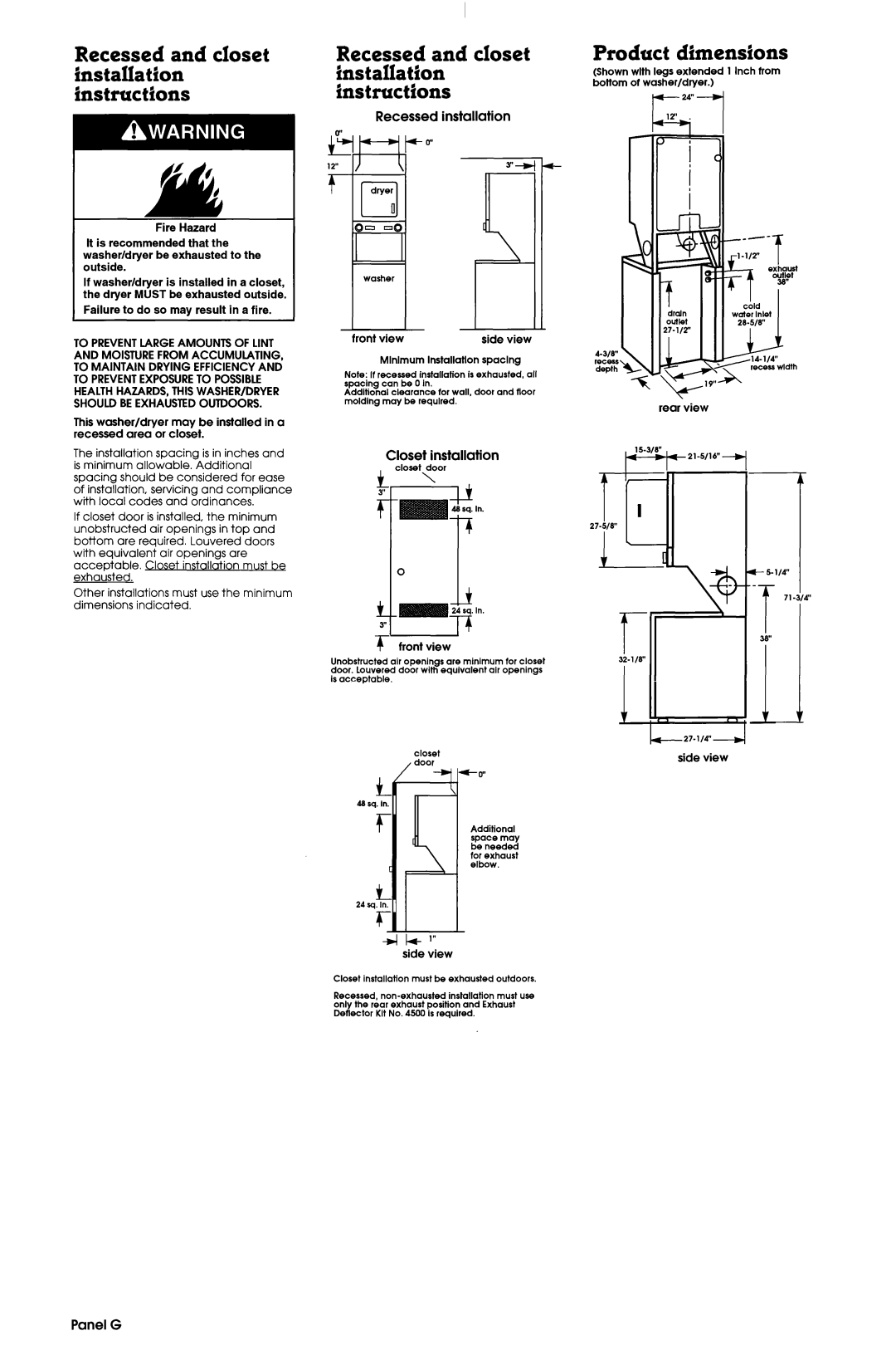 Whirlpool 3397612 Recessed and closet installation instructions, NstalIation, Nstructfons 