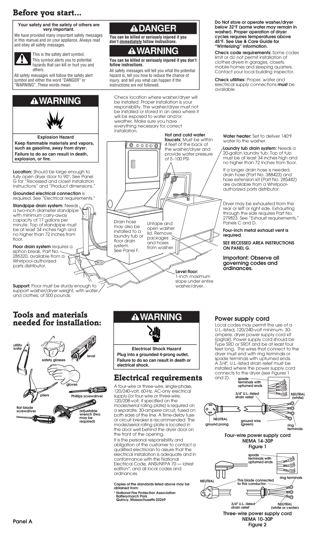 Whirlpool 3397616 Before you start, Tools and materials needed for installation, Electrical requirements 