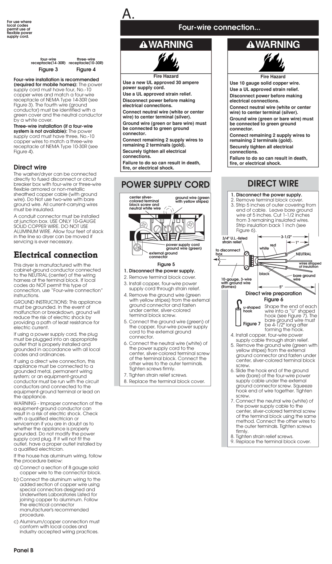 Whirlpool 3397616 installation instructions Electrical connection, Panel B 