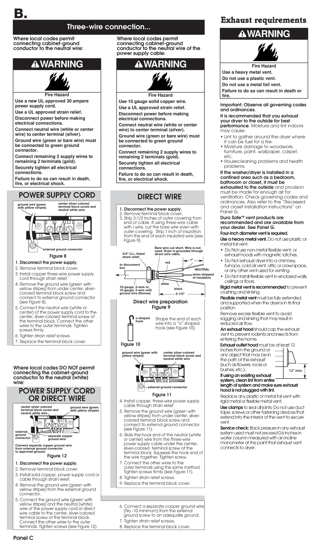 Whirlpool 3397616 installation instructions Exhaust requirements, Panel C 