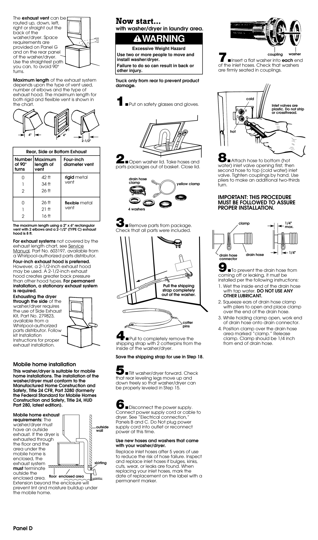 Whirlpool 3397616 installation instructions Now start, With washer/dryer in laundry area, Mobile home installation, Panel D 