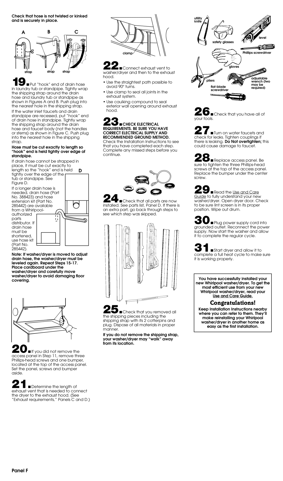 Whirlpool 3397616 installation instructions Congratulations, Panel F 