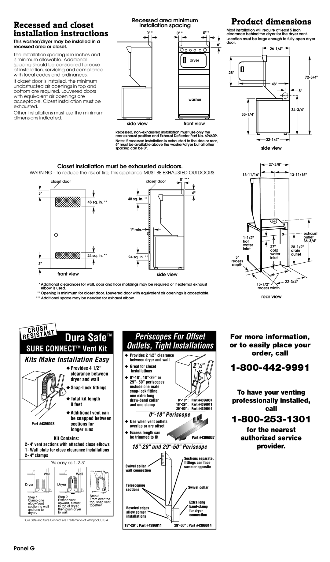 Whirlpool 3397616 installation instructions Recessed and closet, Product dimensions Installation instructions, Panel G 