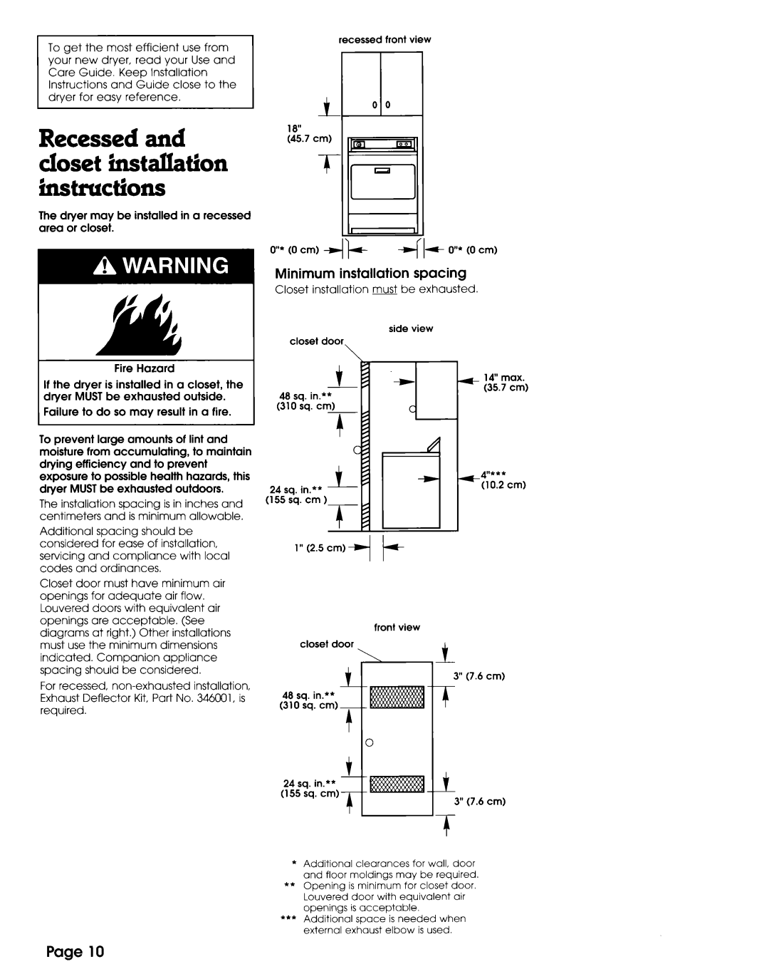 Whirlpool 3397617 manual Recessedand closet installation in!structions, Minimum installation spacing 