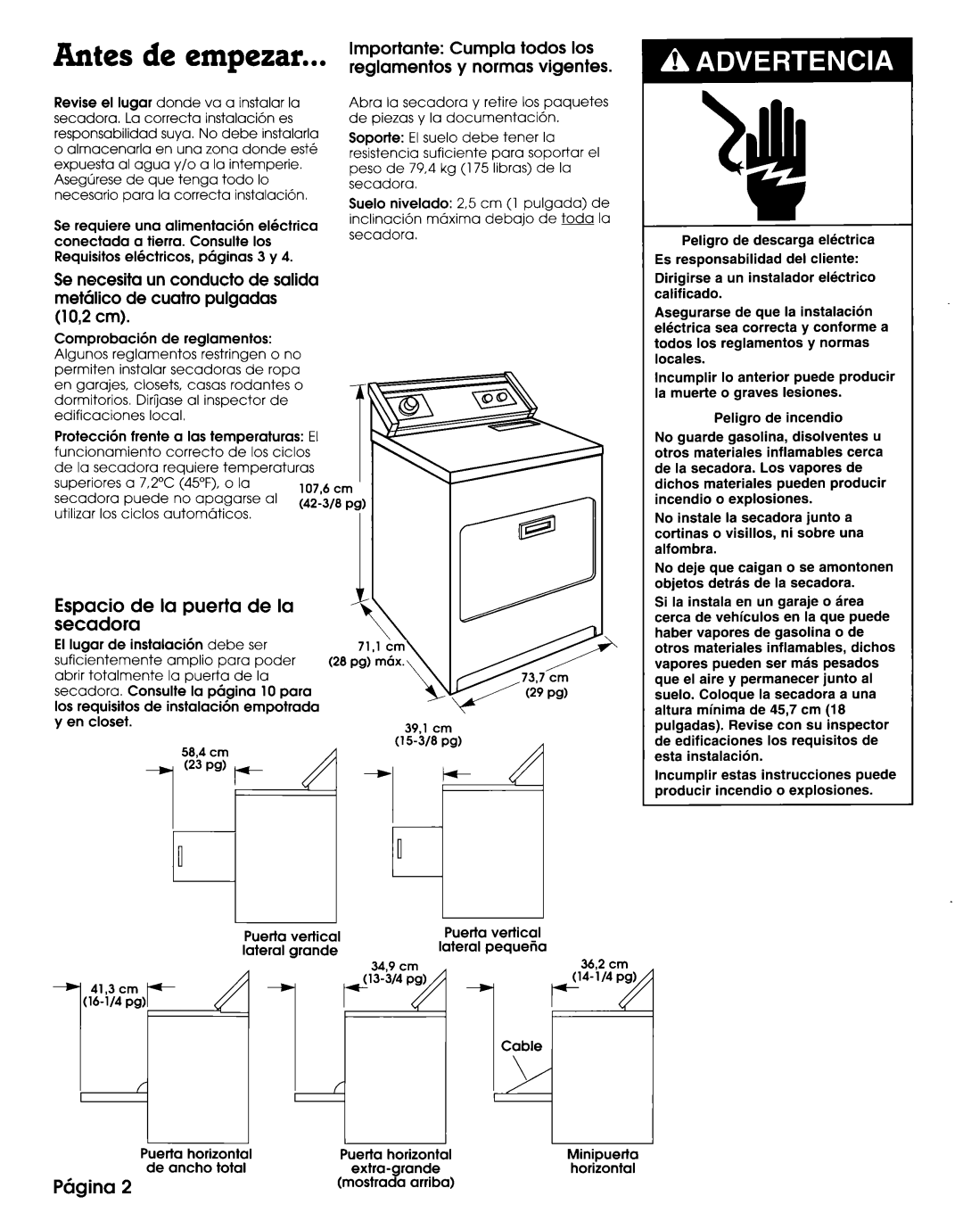 Whirlpool 3397617 manual Importante Cumpla todos 10s reglamentos y normas vigentes, Espacio de la puerta de la Secadora 