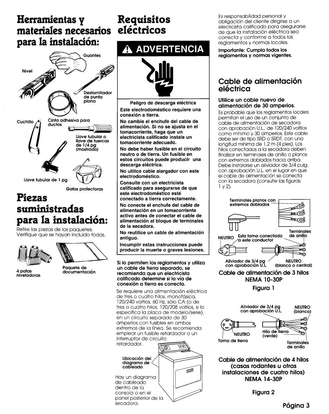 Whirlpool 3397617 manual Piezas suministradas para la instalacih, Cable de alimentacih electrica, P6gina 