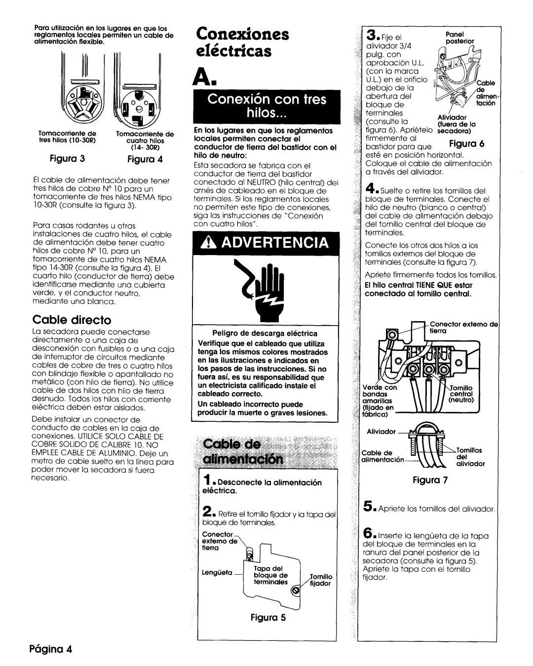 Whirlpool 3397617 manual Con&ones elfictricas, Cable direct0, PClgina, Con Aprobaci6n Don Marca El orificio, Firmemente 