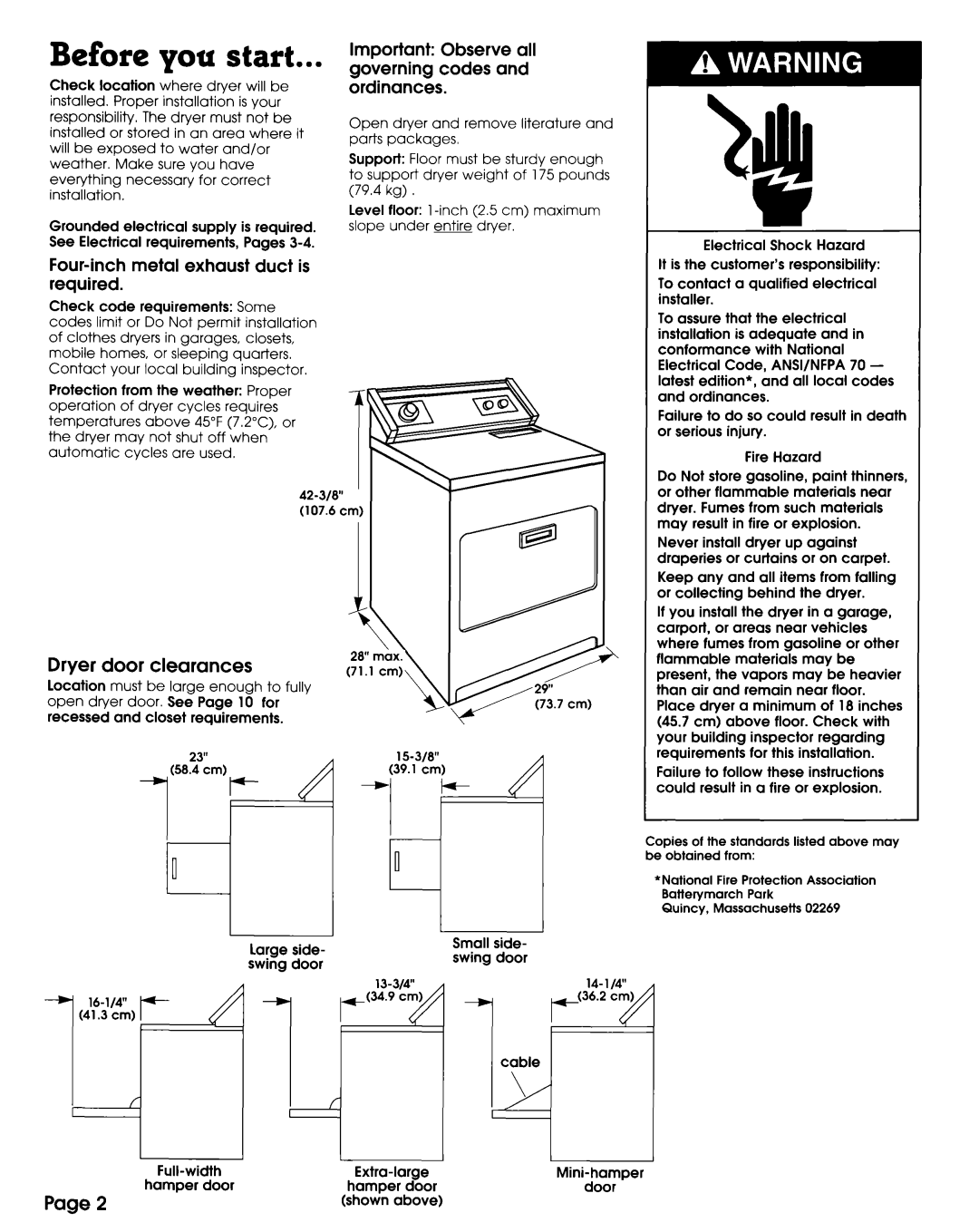 Whirlpool 3397617 manual Before you start, Important Observe all governing codes and ordinances, Dryer door clearances 