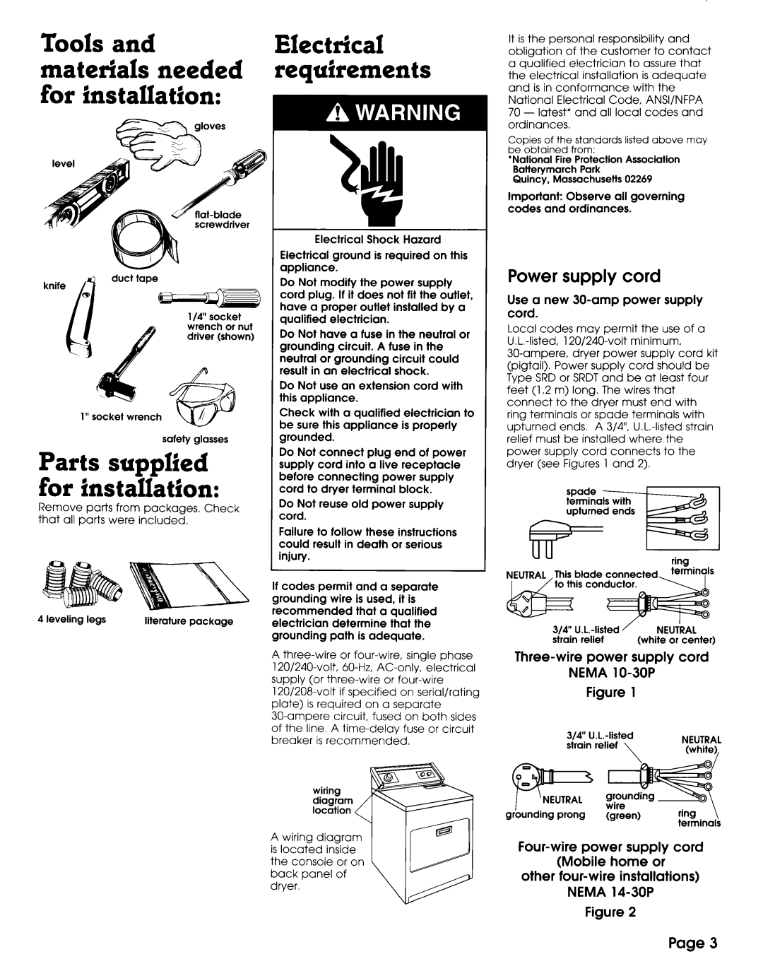 Whirlpool 3397617 manual Electrical requirements, Power supply cord, Use a new 30-amp power supply cord 