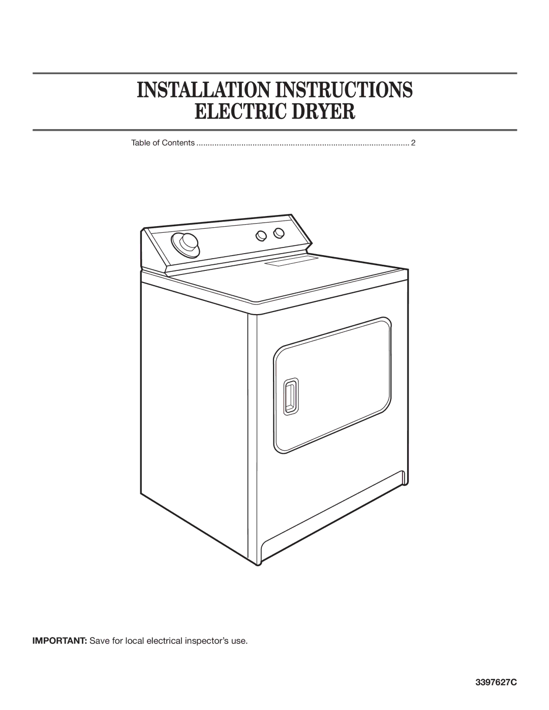 Whirlpool 3397627C installation instructions Installation Instructions Electric Dryer 