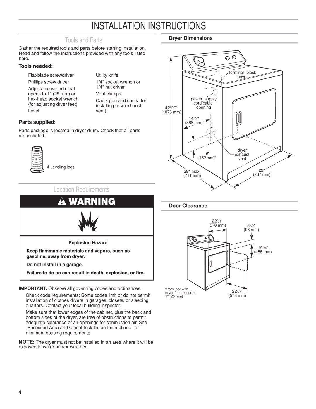 Whirlpool 3397627C Tools and Parts, Location Requirements, Tools needed Dryer Dimensions, Parts supplied, Door Clearance 