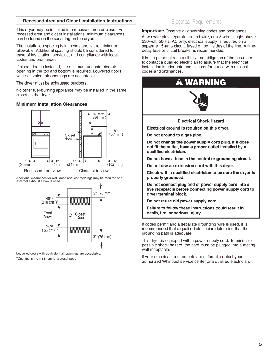 Whirlpool 3397627C installation instructions Electrical Requirements, Recessed Area and Closet Installation Instructions 