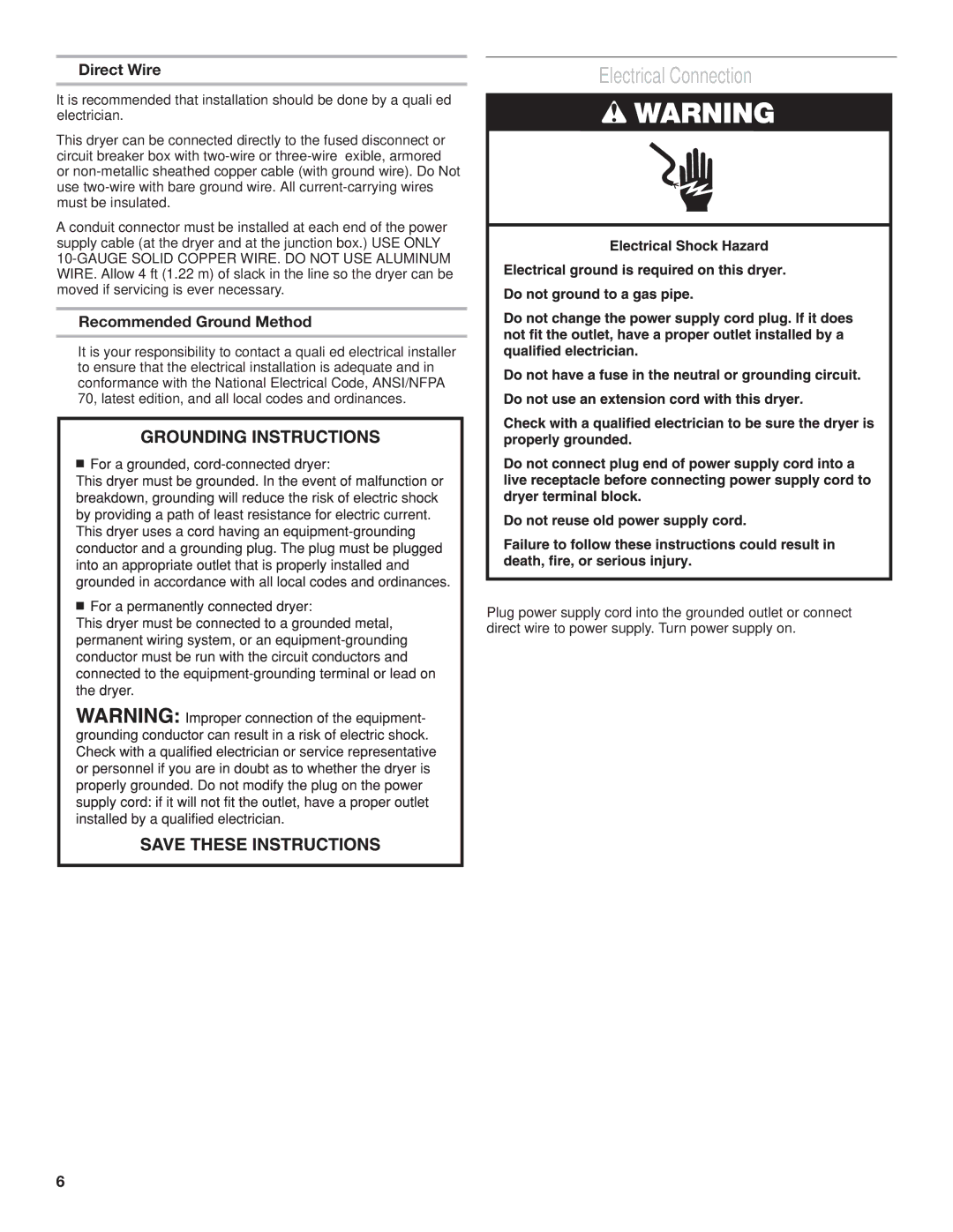 Whirlpool 3397627C installation instructions Electrical Connection, Direct Wire, Recommended Ground Method 